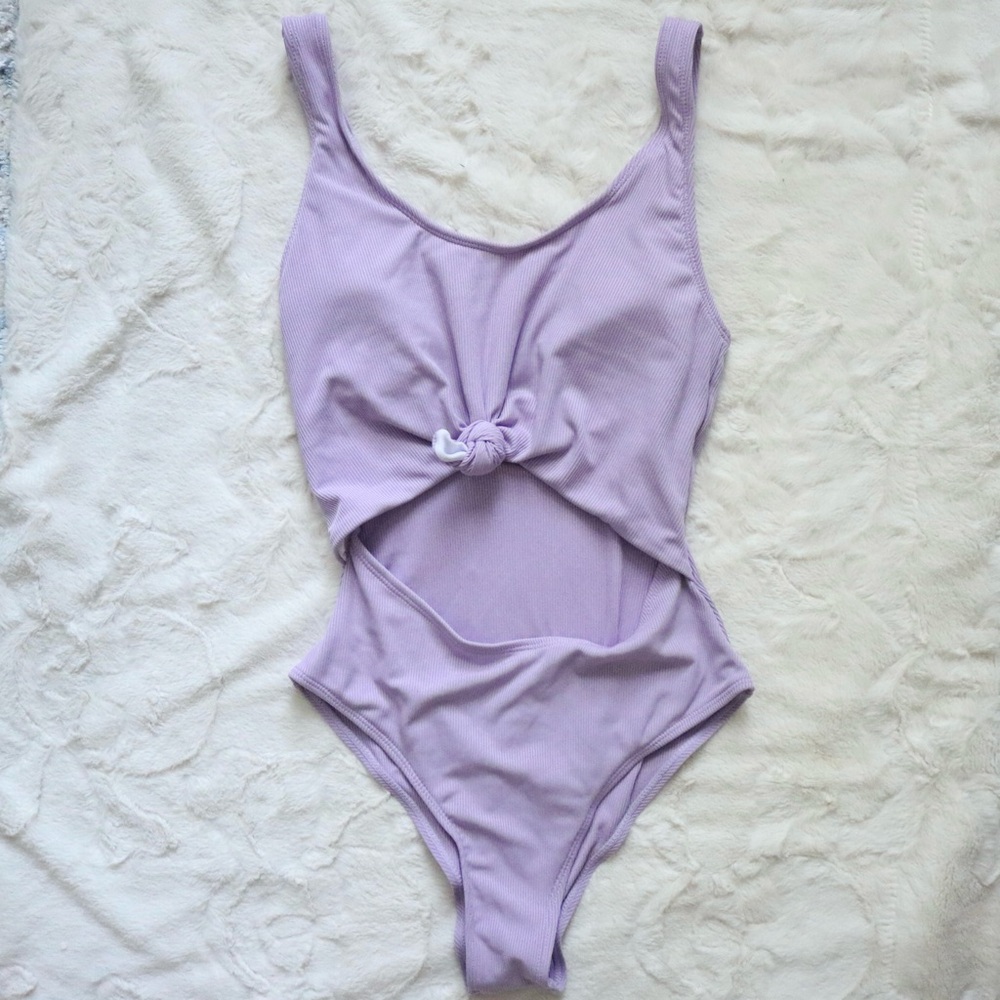 Purple Ribbed Cut Out Knotted One-Piece Swimsuit
